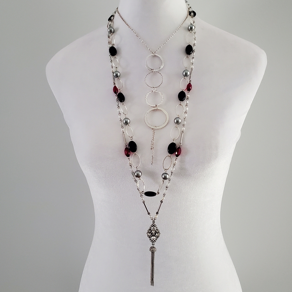Boho Jewellery Lot 3pcs Red, Black & Silver Beaded Accents With Chain Tassle